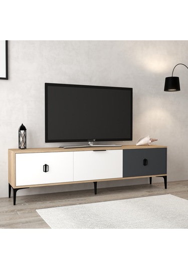 3801 Neva Tv Ünitesi 180 Cm 3 Kapaklı Sepet - Antrasit - Beyaz Tv Sehpası Sepet - Antrasit - Beyaz