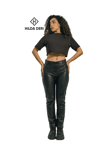Hilda Deri Adel Siyah Hakiki Kuzu Derisi Cepsiz Pantolon 001
