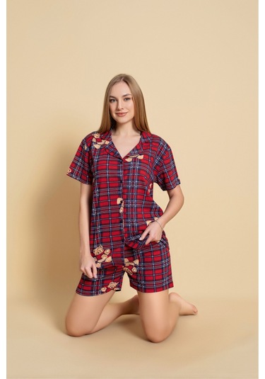 Kadın Gömlek Kısa Kol Şort Pijama Takımı Bordo