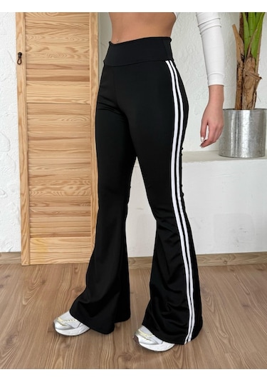 Munn Collection Kadın Yüksek Bel Şerit Detaylı Ispanyol Paçalı Dalgıç Pantolon SiYAH