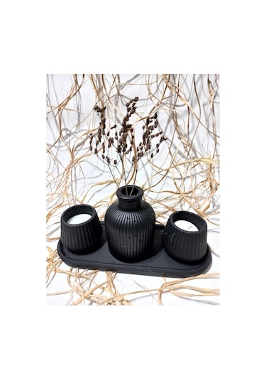 Küp Vazolu Tabaklı Tealight Mumluk Set Siyah