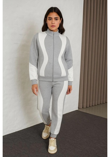 Kadın Premium Parçalı Eşofman Takım - Dik Yaka Fermuarlı Sweatshirt - Gri Çok Renkli