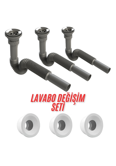 3 Adet Gri Lavabo Sifonu Ve Conta Seti Komple Ev Lavabo Değişim