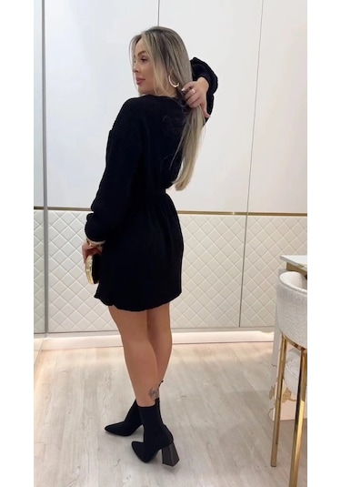 Defymoda Kadın Uzun Kollu Yuvarlak Yakalı Kısa Triko Elbise Siyah