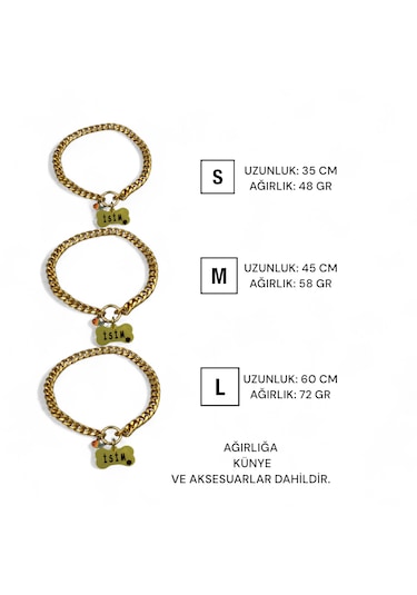 Caramelos İsimli Köpek Tasması- Köpek Zincir - Paslanmaz Çelik Köpek Kolyesi - Köpek Kolye - Orta Ve Büyük Irk Altın