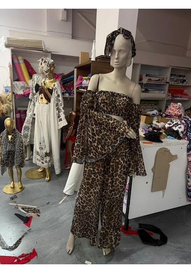Na Addesıgn Leopar Desenli Şifon 3 Lü Plaj Takımı İspanyol Kol Crop Set Leopar