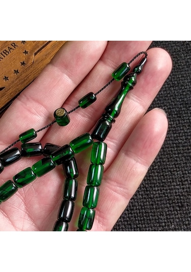 İmzalı 7X11 mm Yeşil Siyah Ateşi Kehribar Tesbih Usta İşçilikli