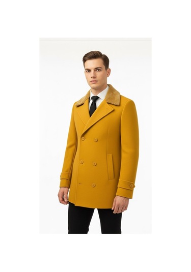 Erkek Kürklü Yaka Kaşe Kaban Slim Fit Çift Düğmeli Kışlık Mont Hardal Sarısı