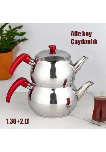 Porsima 4 Nolu Dayanıklı Aile Boy Paslanmaz Çelik Çaydanlık Takım Kırmızı