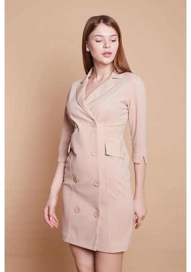 Yakalı Sırt Dekolteli Anvelop Likralı Kumaş Düğmeli Ceket Elbise -bej Bej