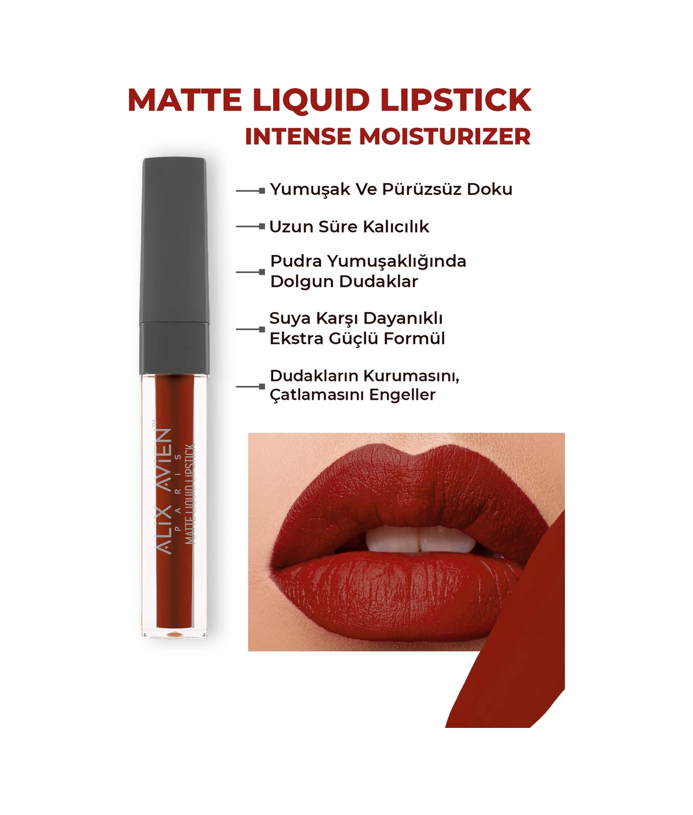 Alix Avien Uzun Süre Kalıcı Kadifemsi Kuruma Yapmayan Mat Likit Ruj Matte Liquid Lipstick 524 Ruby Red