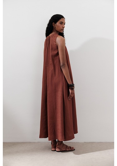 Keten Büzgülü Geniş Elbise Bakır Bakır