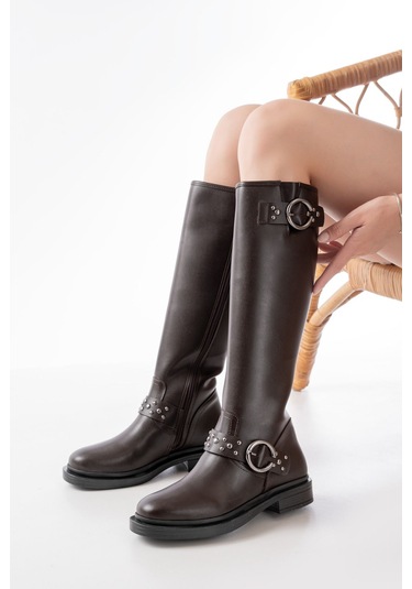 2024-3004 Kahverengi Toka Aksesuarlı Lastikli Fermuarlı Günlü... Kahve Rengi