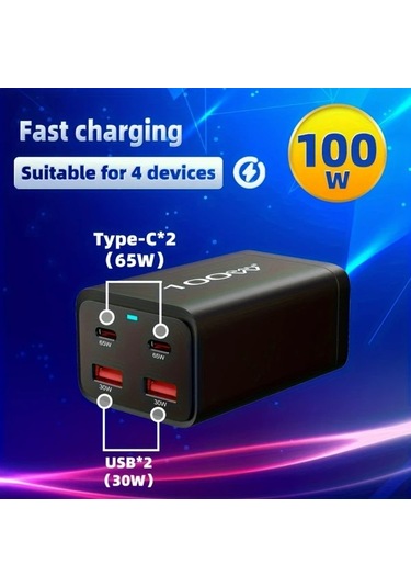 Motion003 100w Galiyum Nitrür Pd Şarj Cihazı Siyah 2 Usb-a 2 Tip-c Masaüstü Şarj Aleti 100w Çok Fonksiyonlu Pd Adaptörü Ab Fişli