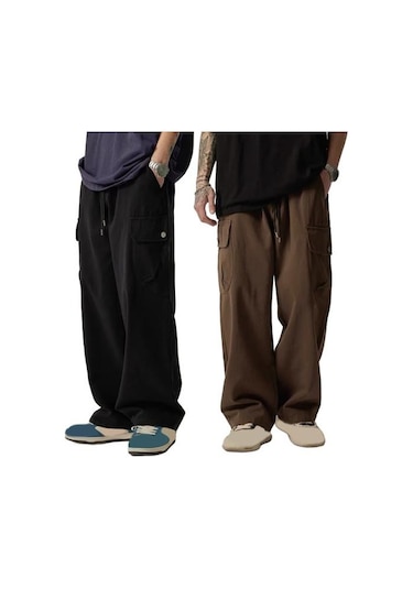 Çok Cepli Amerikan Tarzı Düz Geniş Paça Gevşek Bağcıklı Elastik Bel Erkek Kargo Pantolon Seyahat Günlük Kullanım İçin Sokak Pantolonu Siyah Çok Cepli Amerikan Tarzı Düz Geniş Paça Gevşek Bağcıklı Elastik Bel Erkek Kargo Pantolon Seyahat Günlük Kullanım İçin Sokak Pantolonu Siyah