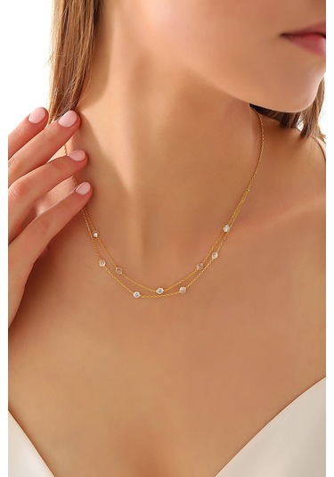 925 Ayar Gümüş Zirkon Taşlı 2 Li Kolye Altın