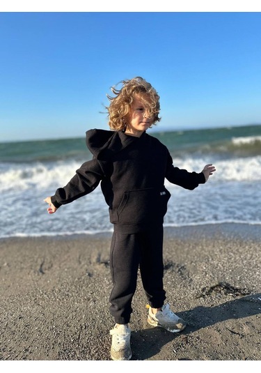 Yeni Sezon Petek /waffle Kumaş Oversize Kapüşonlu Alt Üst Eşofman Takımı Siyah Renk