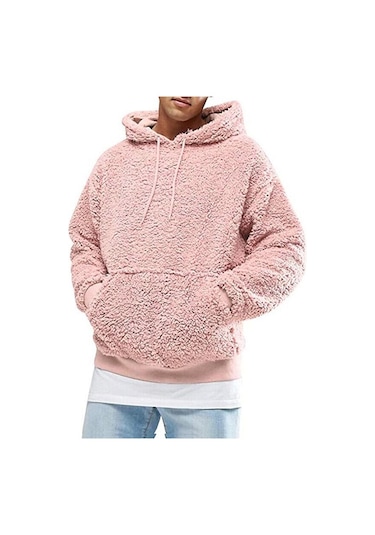 Erkekler Kalın Polar Peluş Sıcak Hoodie Kazak Kış Peluş Kürk Kapşonlu Tişörtü Siyah