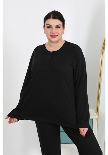 Akbeniz Kadın Büyük Beden Uzun Kol Penye Pijama Takımı Siyah 202501 Siyah