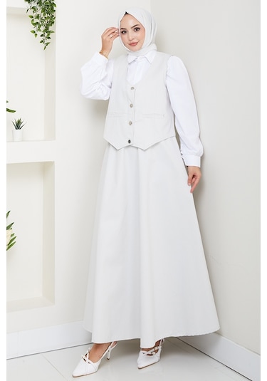 İkili Gabardin Yelek Etek Takım 1400 - Gri Gri