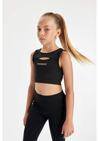 Defacto Kız Çocuk Bisiklet Yaka Yazı Baskılı Pencere Detaylı Kolsuz Atlet D0312A824AUBK81 Siyah