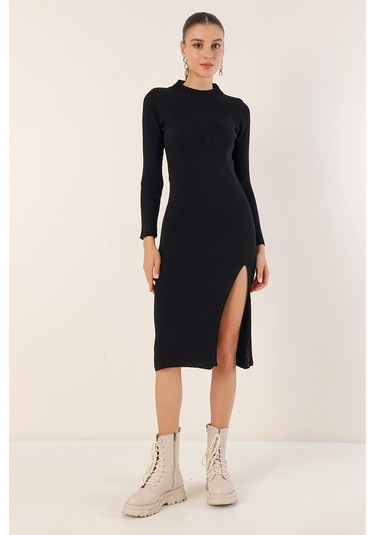 Bigdart 15828 Yırtmaçlı Triko Elbise - Siyah 001