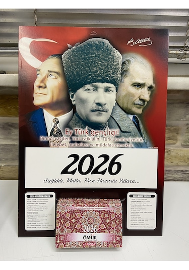 Ömür Takvim Atatürk Görselli 3.bölge 2026 Kartonlu Yapraklı Duvar Takvimi