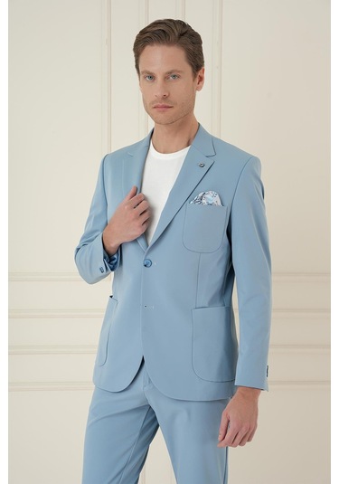 Slim Fit Mono Yaka Çift Yırtmaç Torba Cep Casual Havacı Mavi Ceket C 697 Mavi