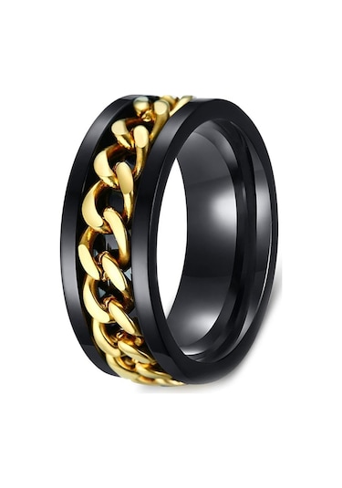 Ortası Dönebilen Zincirli Erkek Kadın Anti-stres Çelik Alyans Yüzük Cl43 Altın - Siyah