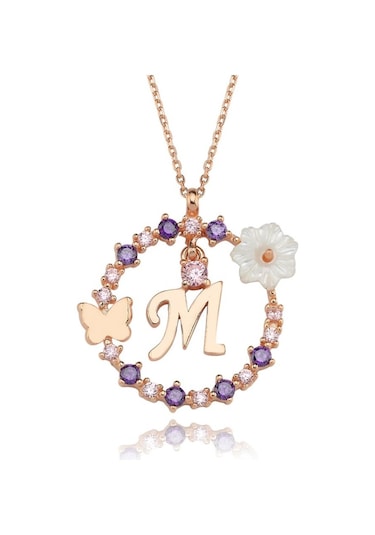 Mia vento Manolya Çiçeği Düşler Işıltısı M Harfi Rose Renk Gümüş Harfli Kolye