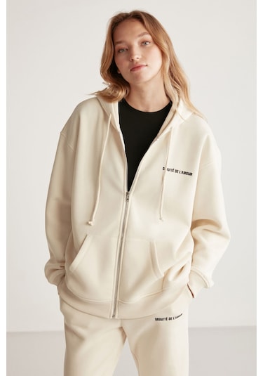 GRIMELANGE Ametıs Kadın Oversize Organik Pamuklu Metal Fermuarlı Kapüşonlu Vanilya Sweatshirt Vanilya
