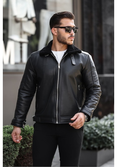 Erkek Napa Deri Içi Full Kürklü Yüksek Kalite Slim Fit Siyah Mont & Ceket Siyah