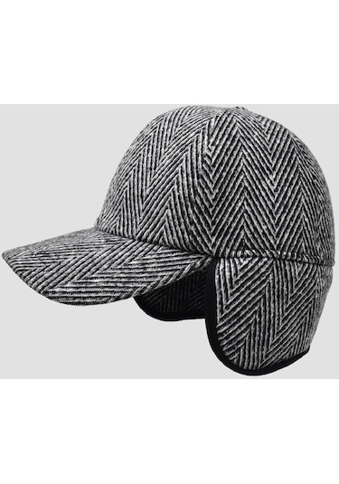 Erkek Desenli Yün Kışlık Kulaklı Kep Beyzbol Şapkası - Siyah