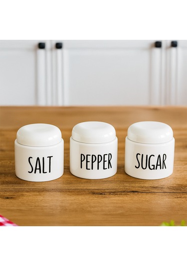 Porsima 18128 3'lü Porselen Ergonomik Baharatlık Seti Yuvarlak Formlu Baharat Takımı Beyaz Beyaz