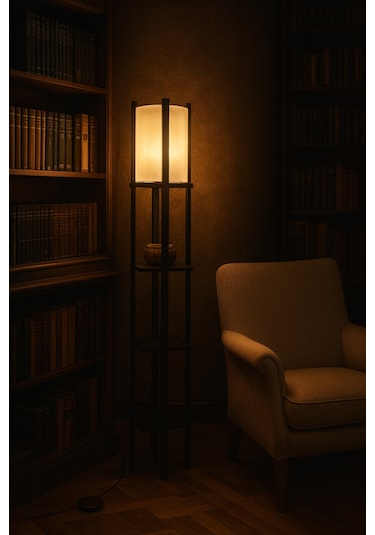 Modern Metal Gövdeli-raflı Dekoratif Ayaklı Lambader 22x22x145 Krem