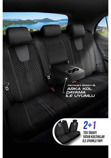 Siyah - Gri Garni Panda Monte Carlo Serisi Velor Kadife Kumaş Oto Koltuk Kılıfı - Tam Set