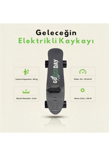 Elektrikli Kaykay H2s-1 Şehir İçi Ulaşım Aracı, Scooter Alternatifi, 20 Km/h, 8 Km Menzil, Hafif 3.7 Kg Siyah