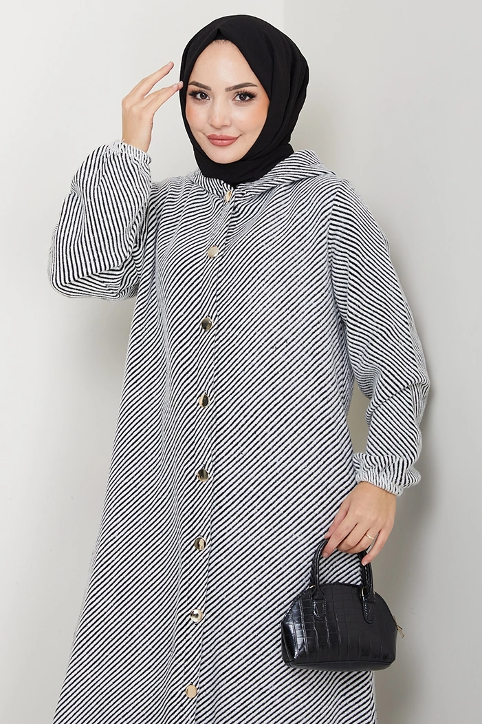 Çizgi Detay Kapüşonlu Kaşe Kap 1634 - Beyaz Beyaz