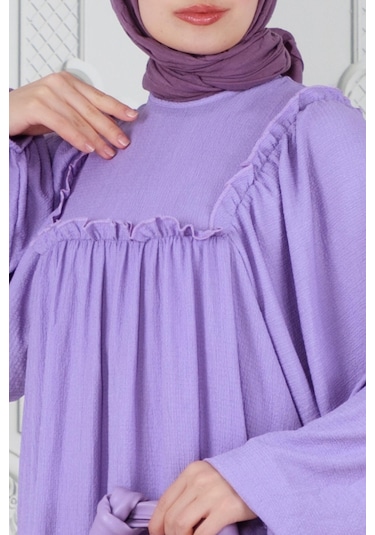 Fırfırlı Robalı Bürümcük Elbise-lila-3536-lila Lila