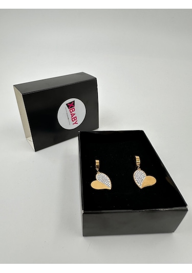 Xbaby Yarısı Taşlı Kalp Gold Küpe