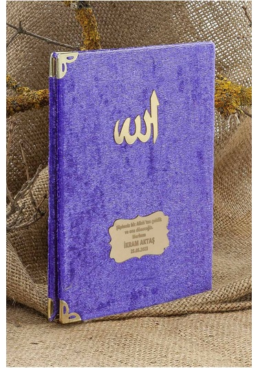 25 Adet - İsme Özel Kadife Kaplı Yasin Kitabı - Mevlüt Hediyesi - Çanta Boy - 128 Sayfa - Mor Mor