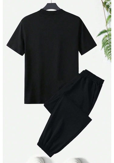 Unisex Leopar Kalp Baskılı Eşofman Takımı Siyah