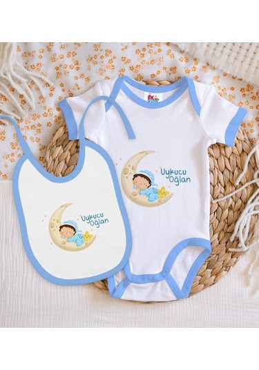 Bk Kids Uykucu Oğlan Tasarımlı Mavi Bebek Body Zıbın Ve Mama Önlü Çok Renkli