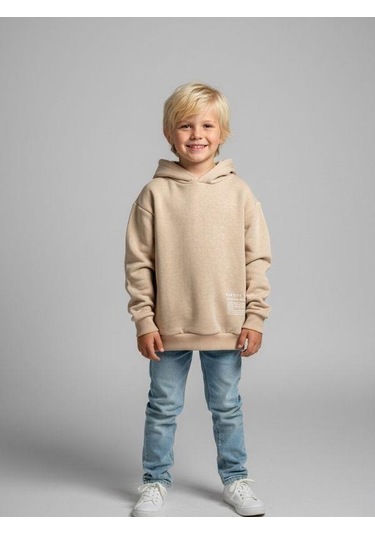 Zekids Erkek Çocuk Kapüşonlu Batik Desenli Sweatshirt-16394 Bej