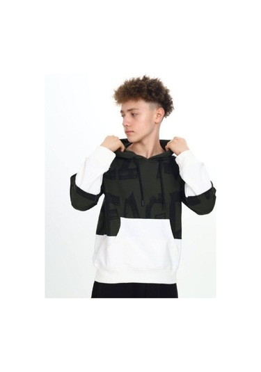 Çocuk Kapüşonlu Harf Desenli Kanguru Cepli Sweatshirt-14800 Haki