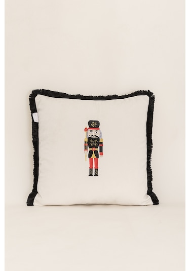 Charm Kurşun Asker İşlemeli Kenarı Siyah Püsküllü Bej Kırlent 43x Bej