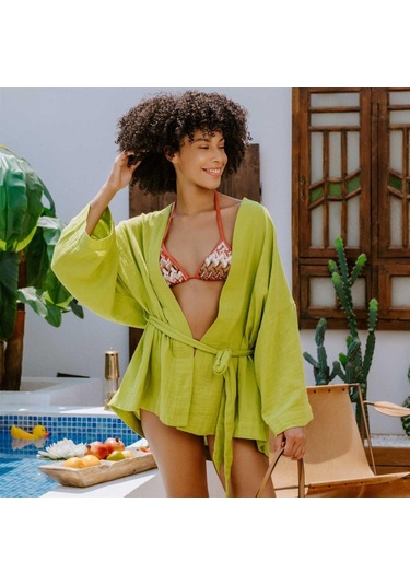 Miespiga Pamuklu Dokuma Beli Kuşaklı Mini Kadın Kimono Kaftan - Standart Yeşil
