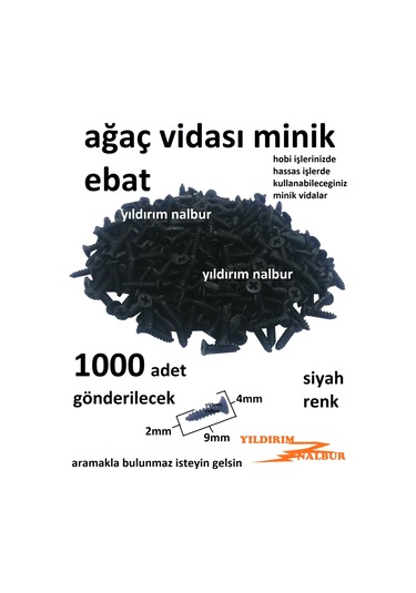 Ağaç Vidası Siyah Renk Hobi Vidası 1000 Adet Minik Kutu Vidası Ço