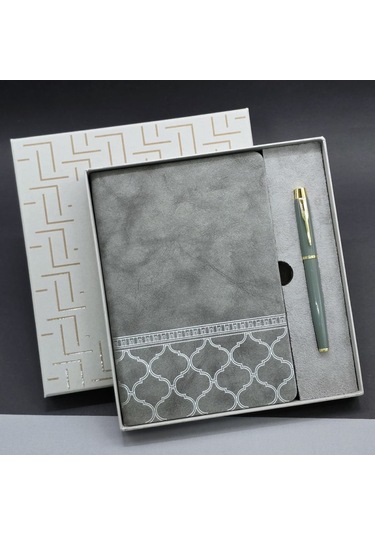 Mobgift Alt Kısmı Mozaik Desenli Kutulu Deri Defter Kalem Seti Gri