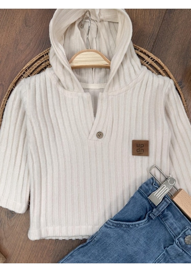 Yumuşak Doku Sweatshirt Esnek Kot Pantalonlu Erkek Bebek 2'li Takım Krem